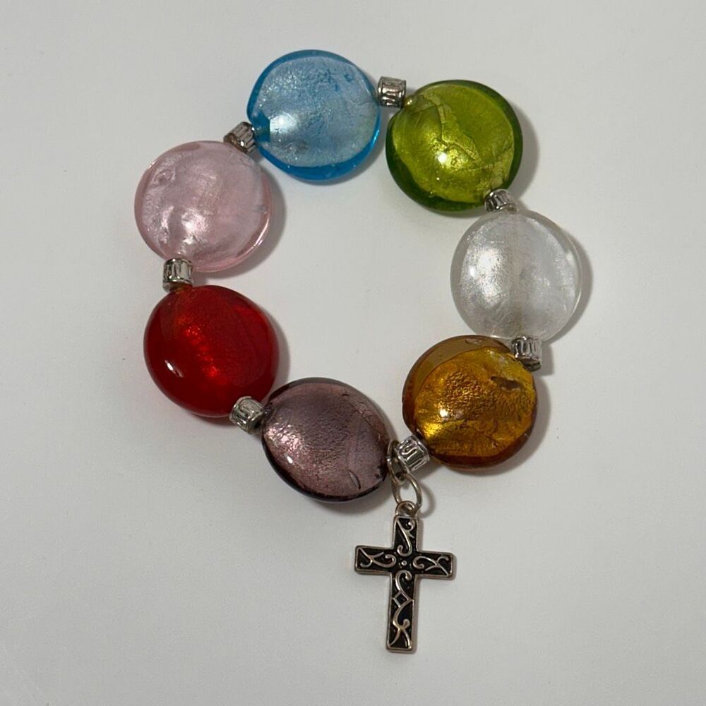 7 Virtues Glass Beaded Stretch Bracelet with Cross Murano Style Bubble Beads